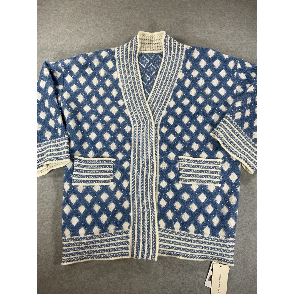 Commense Blue White Diamond Pearl Embellished Open Front Cardigan Small 2544